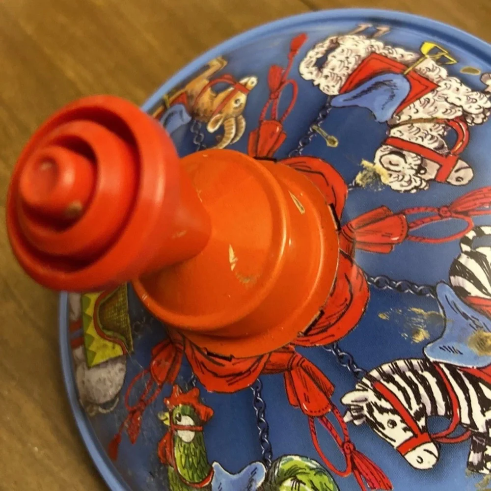 Vintage SMG Metal Spin Toy Top With Animal Cartoon Graphics In Red And Blue. - Picture 2 of 7